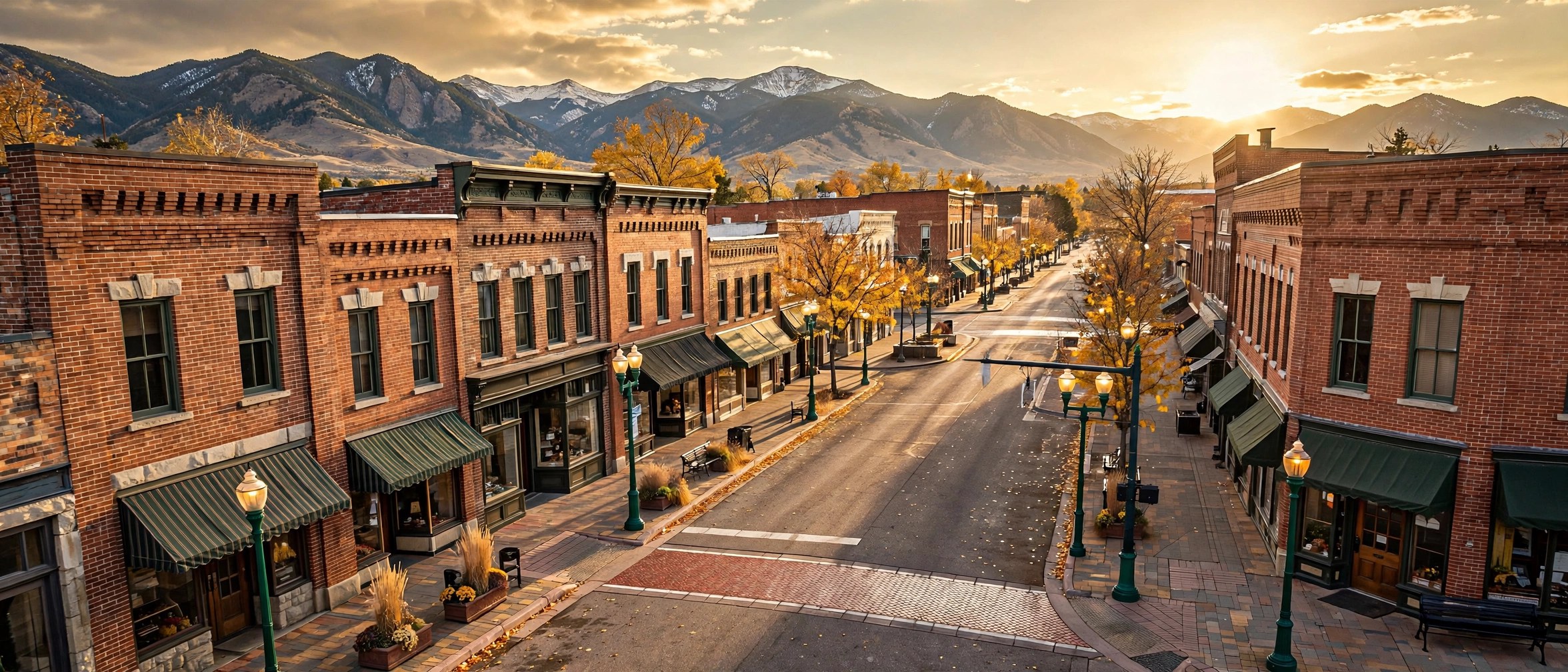 Historic downtown street with brick storefronts and string lights at dusk
