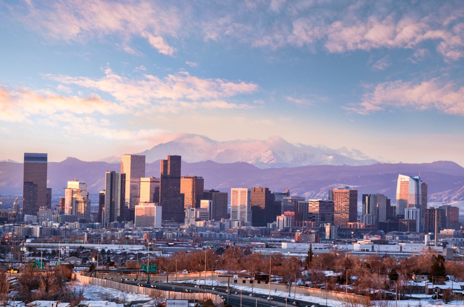 Denver skyline and Front Range at dusk